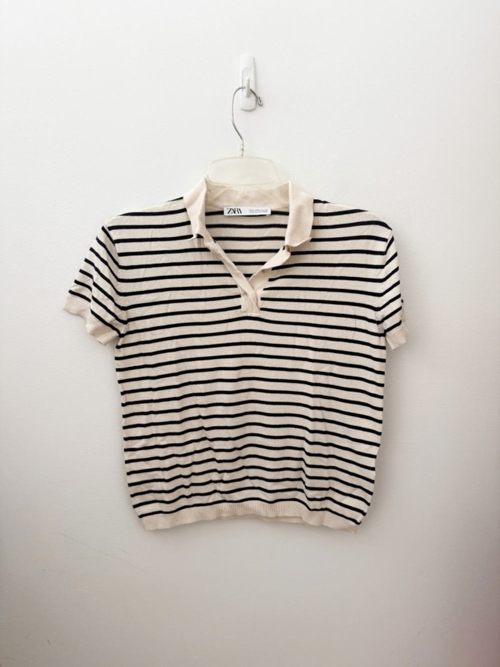 Zara Beige and Black Striped Polo Top